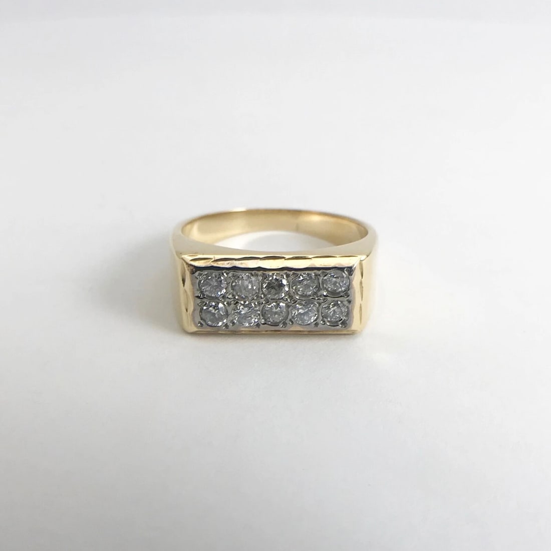Vintage Men's Two-Row Pave Diamond Flat Top Ring 14K Yellow Gold, 10.6 Grams - 7
