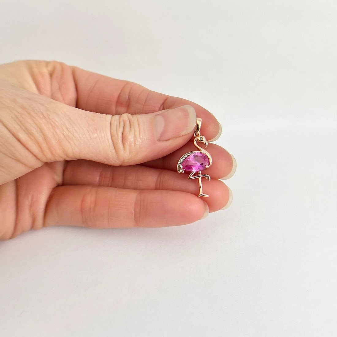 Pink Gemstone Flamingo Charm Rose Gold-Plated Sterling Silver, 1.54 Grams - 3