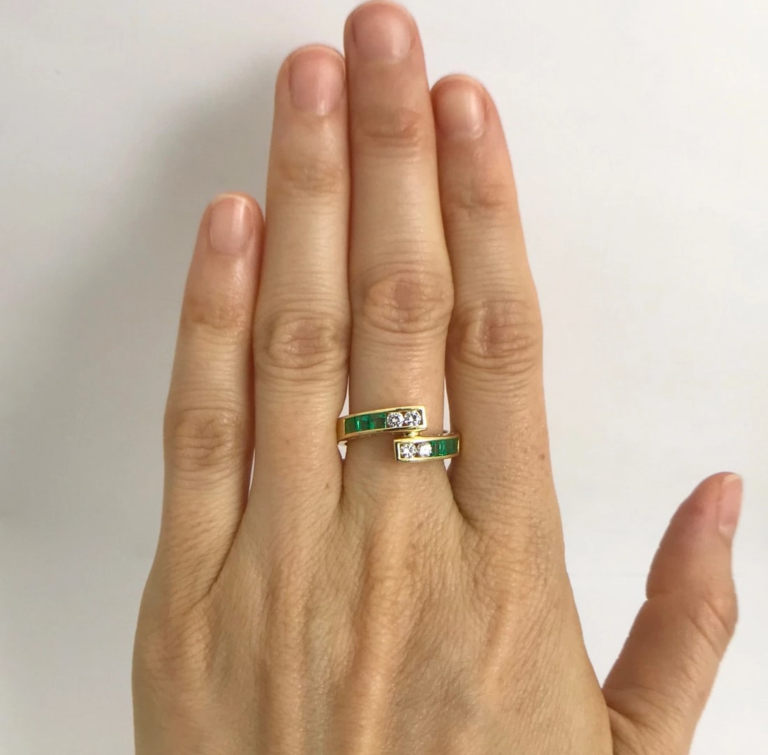 Green Emerald Diamond Channel-Set Wrap Bypass Band Ring 18K Yellow Gold, 1.18 TW - 2