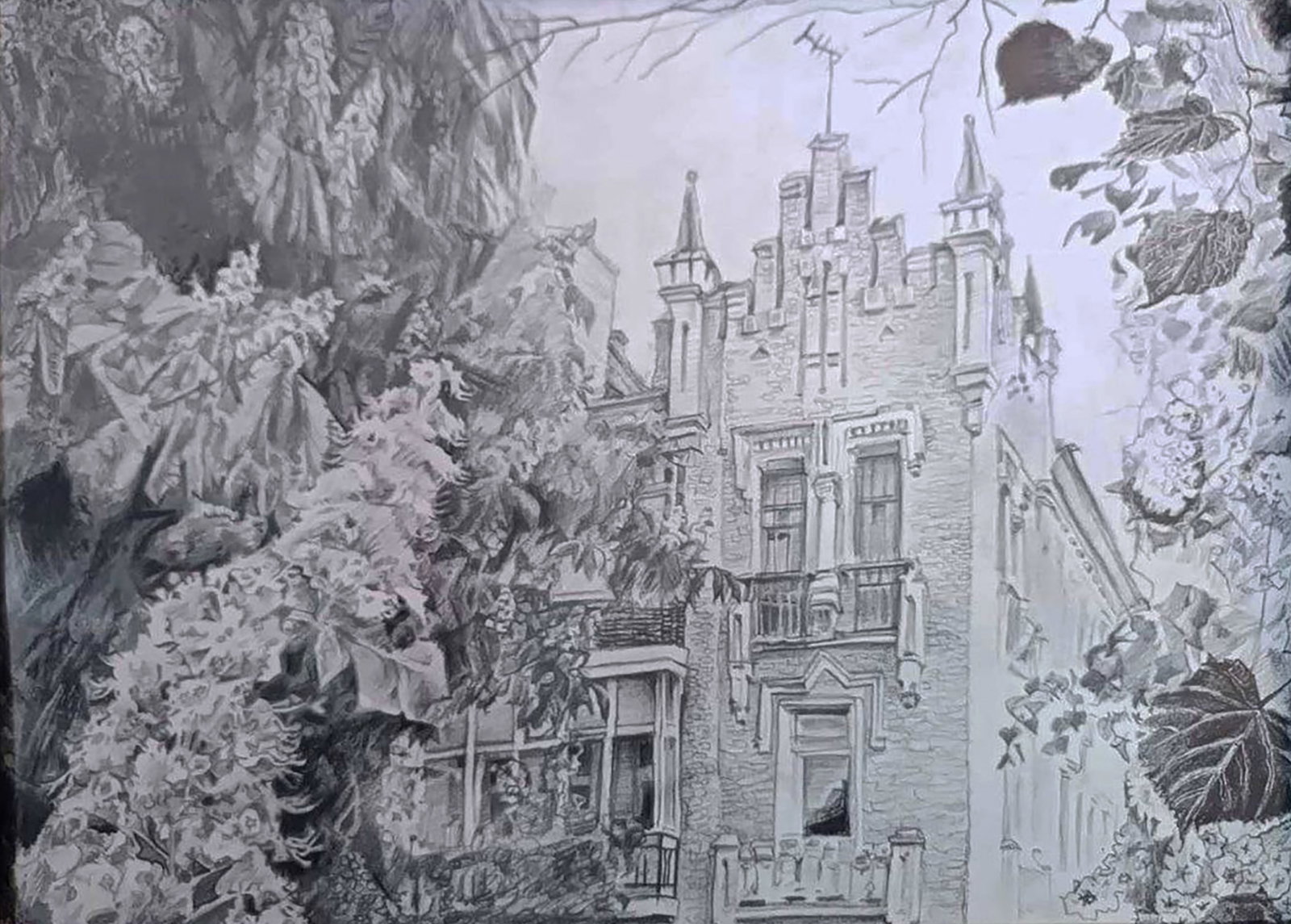 Pencil painting Spring in front of the mansion Elena Yurko - 2