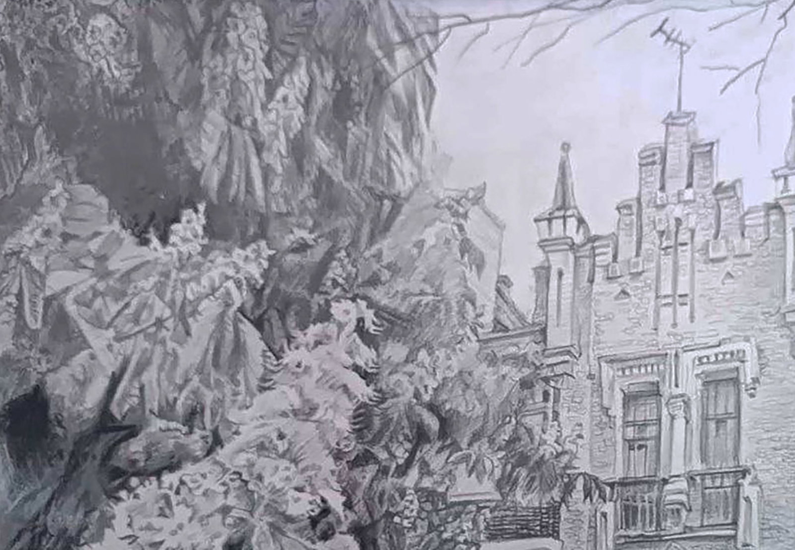 Pencil painting Spring in front of the mansion Elena Yurko - 3