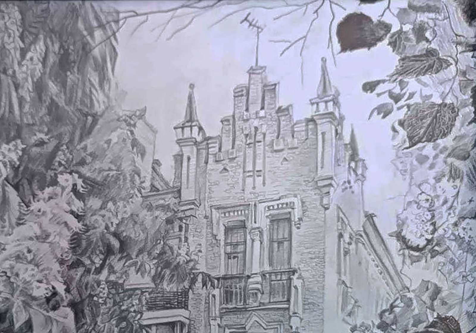 Pencil painting Spring in front of the mansion Elena Yurko - 4