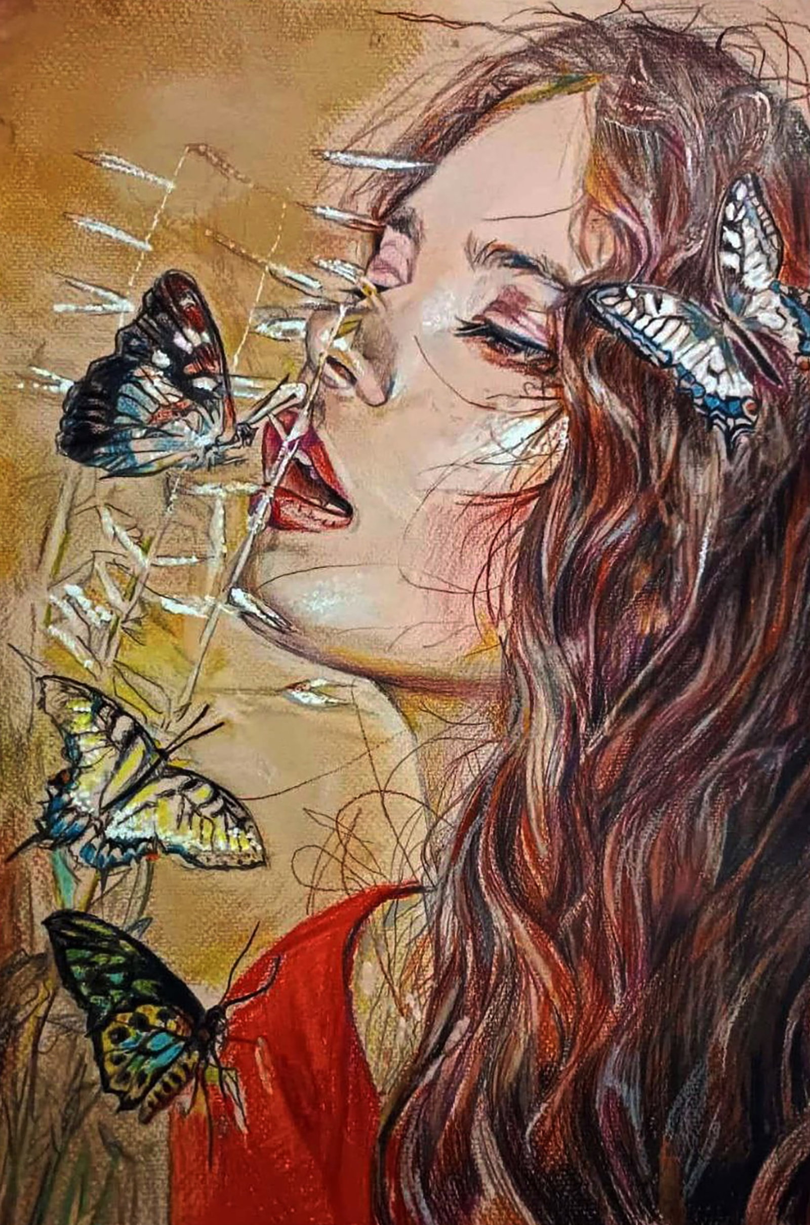 Color pencil painting Girl and butterflies Elena Yurko: Title: Color pencil painting Girl and butterflies Elena Yurko Description: 6YURK Painter: Elena Yurko Size: 40?30 cm/15.74x11.81 inches Components: color pencil, paper Original painting CONDITION: exc