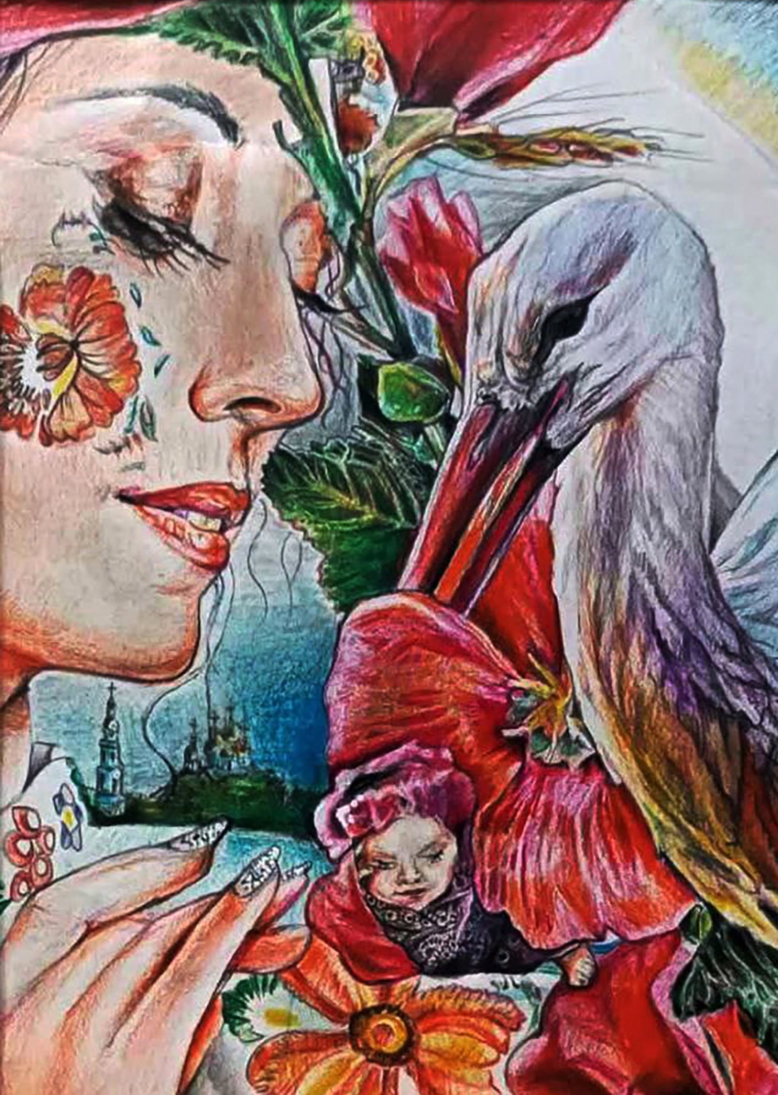 Color pencil painting A gift from a stork Elena Yurko - 2