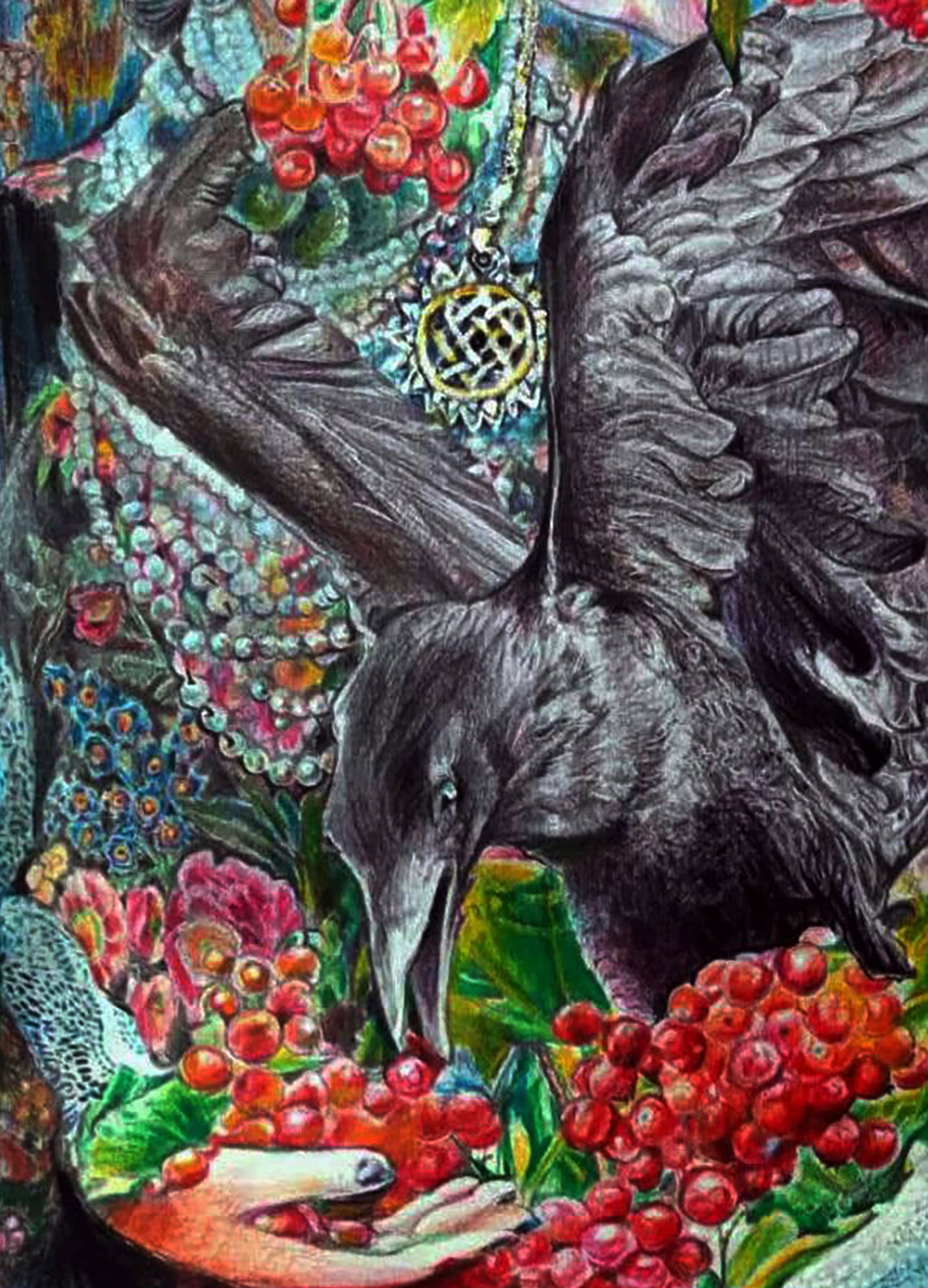 Color pencil painting Ripe viburnum and raven Elena Yurko - 4