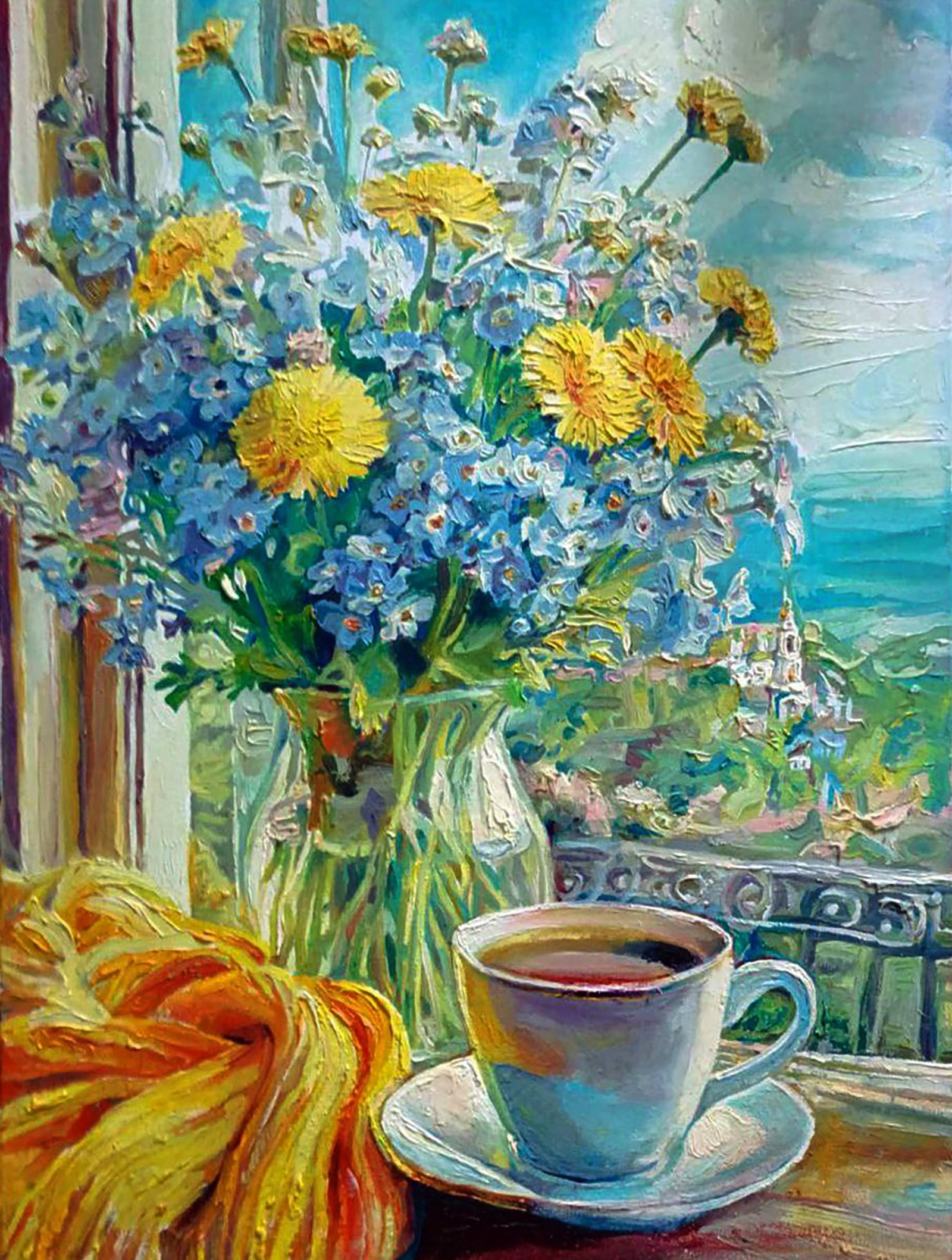 Oil painting Morning bouquet in front of the window Elena Yurko: Title: Oil painting Morning bouquet in front of the window Elena Yurko Description: 24YURK Painter: Elena Yurko Size: 40?50 cm/15.74x19.68 inches Components: oil, canvas Original painting CONDITION: e