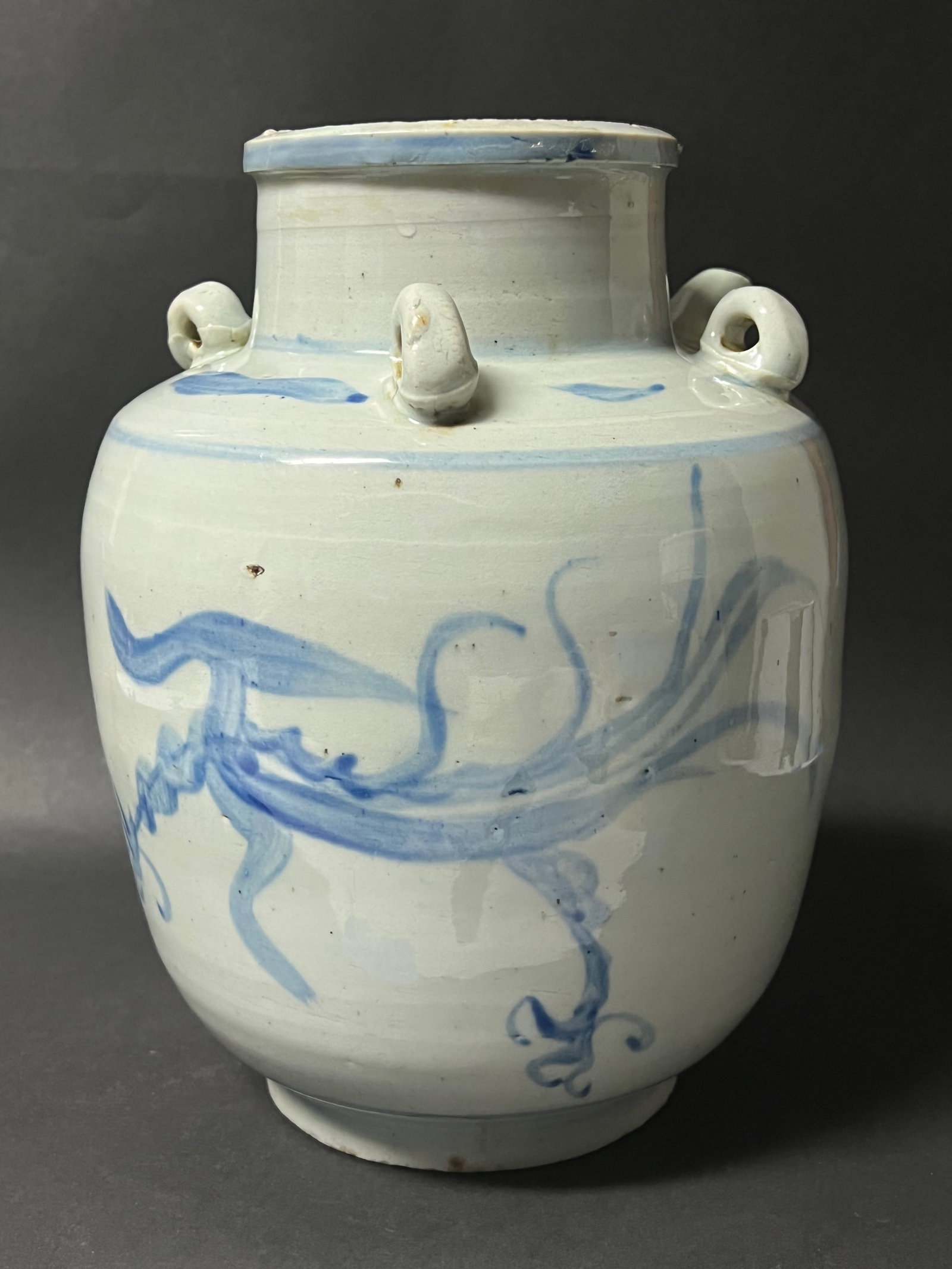 Chinese Porcelain Blue and White Oil Pot: Title: Chinese Porcelain Blue and White Oil Pot Description: Chinese Art Porcelain Blue and White Oil Pot Date/Period: Late 20th Century Materials: Porcelain Size: 10.5" h x 8.5" w Reserve: $100.00