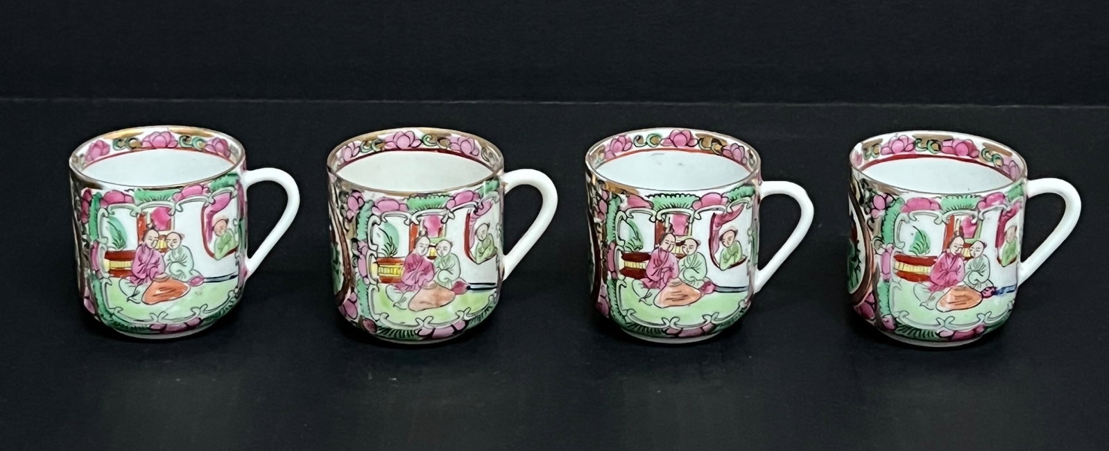 Chinese Porcelain Tea Cups: Title: Chinese Porcelain Tea Cups Description: Chinese Art Porcelain Tea Cups Lot of 4 Date/Period: Late 20th Century Materials: Porcelain Size: 2" h x 3" w Reserve: $40.00 Shipping: Domestic: