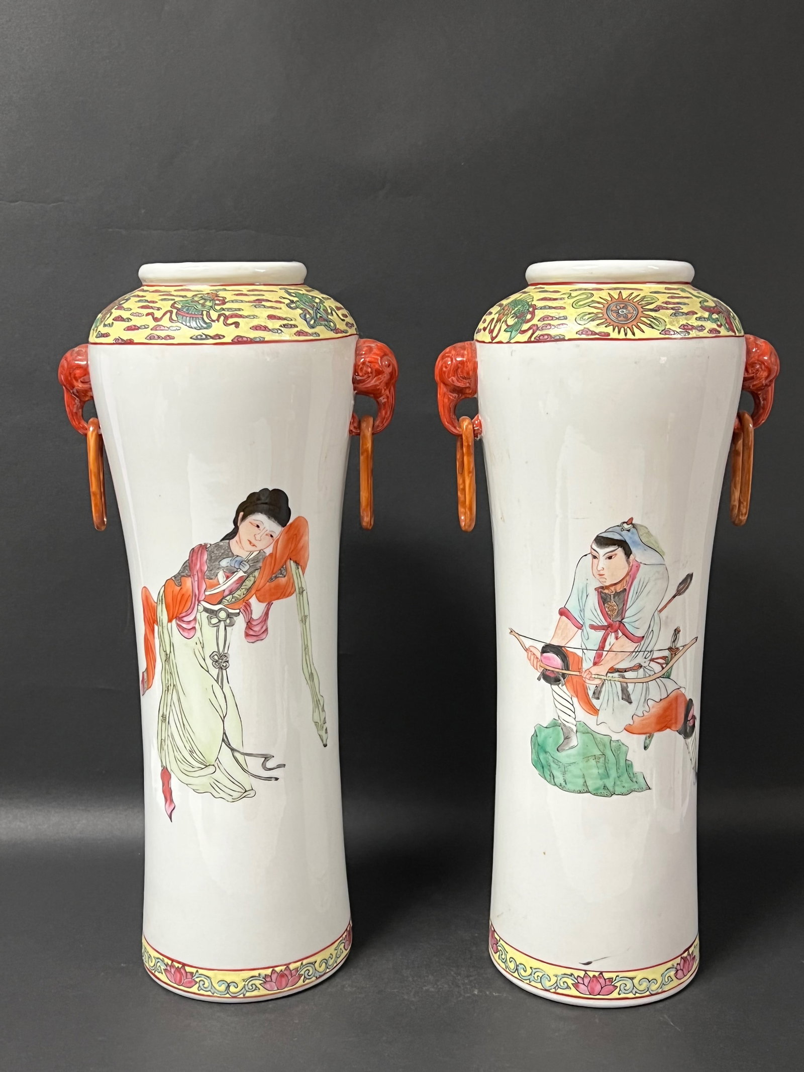 Pair of Chinese Porcelain Vase: Title: Pair of Chinese Porcelain Vase Description: Chinese Art Pair of Porcelain Vase Date/Period: Late 20th Century Materials: Porcelain Size: 14.25" h x 6.5" w Reserve: $200.00 Shipping: Domestic: