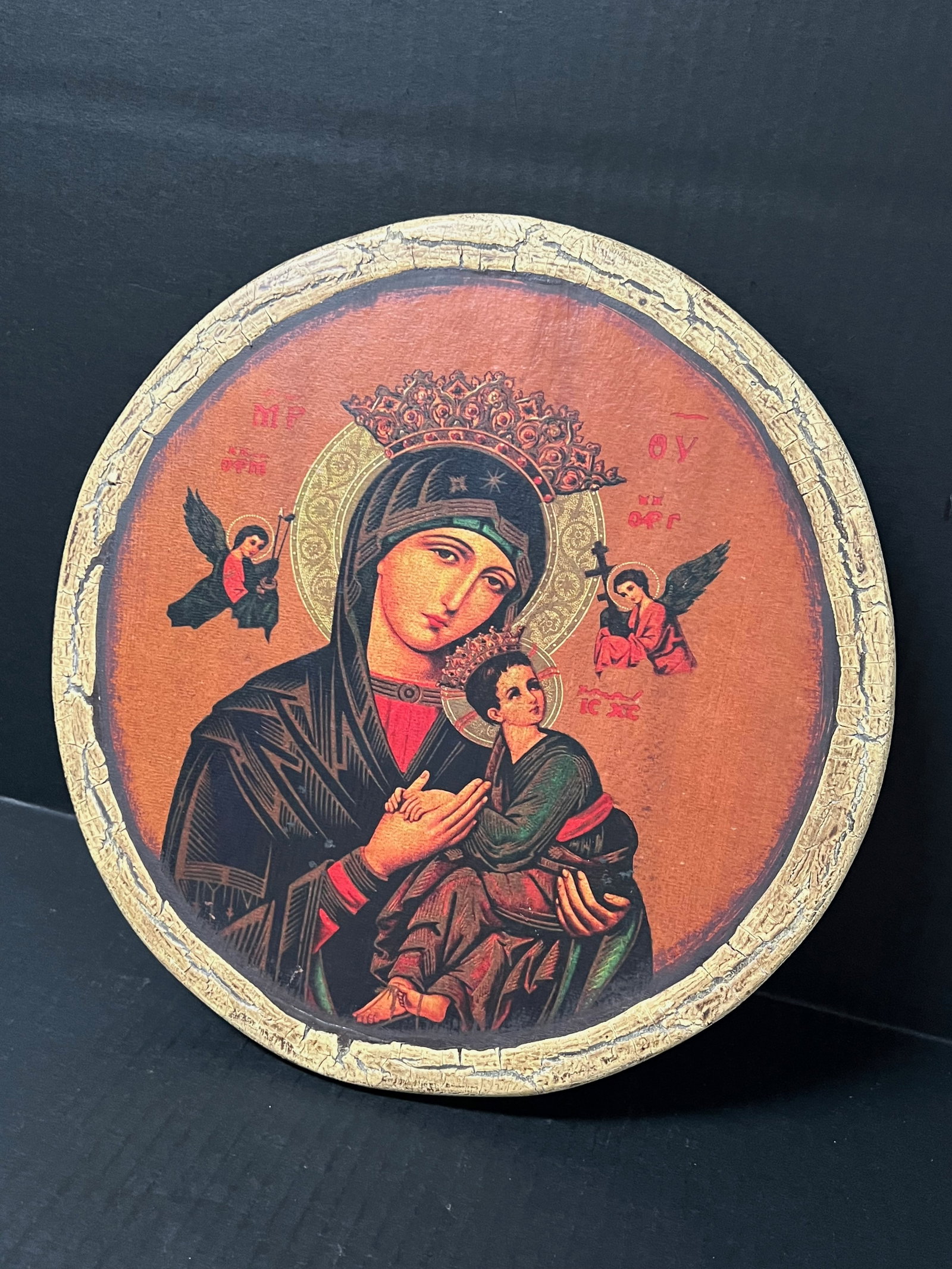 Carved Wood Religious Printed Icon - 2