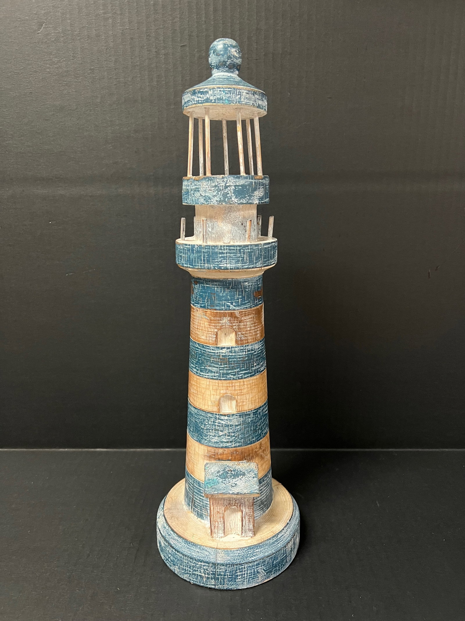 Carved Wood Painted Light House Sculpture: Title: Carved Wood Painted Light House Sculpture Description: Carved Wood Light House Sculpture Date/Period: Late 20th Century Materials: Wood Size: 16" h x 5" w Reserve: $80.00 Shipping: Domestic: