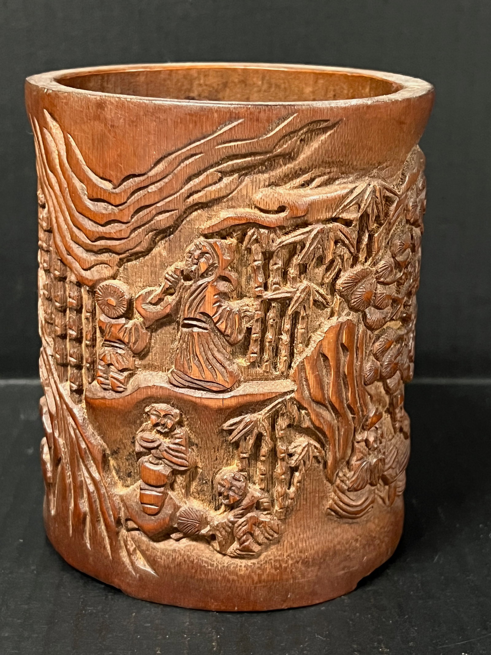 Chinese Art Carved Bamboo Brushpot: Title: Chinese Art Carved Bamboo Brushpot Description: Chinese Art Carved Bamboo Brush Pot Date/Period: Late 20th Century Materials: Bamboo Size: 6.25" h x 5.5" w Reserve: $80.00 Shipping: Domestic: