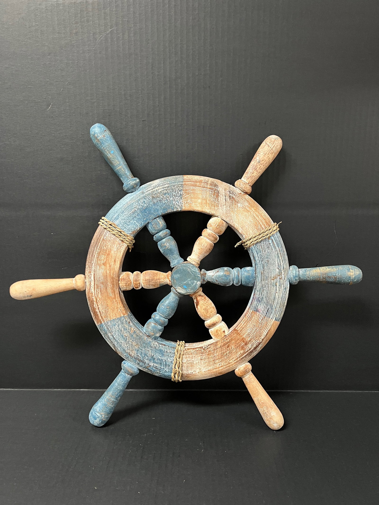 Carved Wood Painted Ship Sterring Wheel: Title: Carved Wood Painted Ship Sterring Wheel Description: Folk Art Carved Wood Painted Ship Sterring Wheel Date/Period: Late 20th Century Materials: Wood Size: 20" h x 20" w Reserve: $80.00