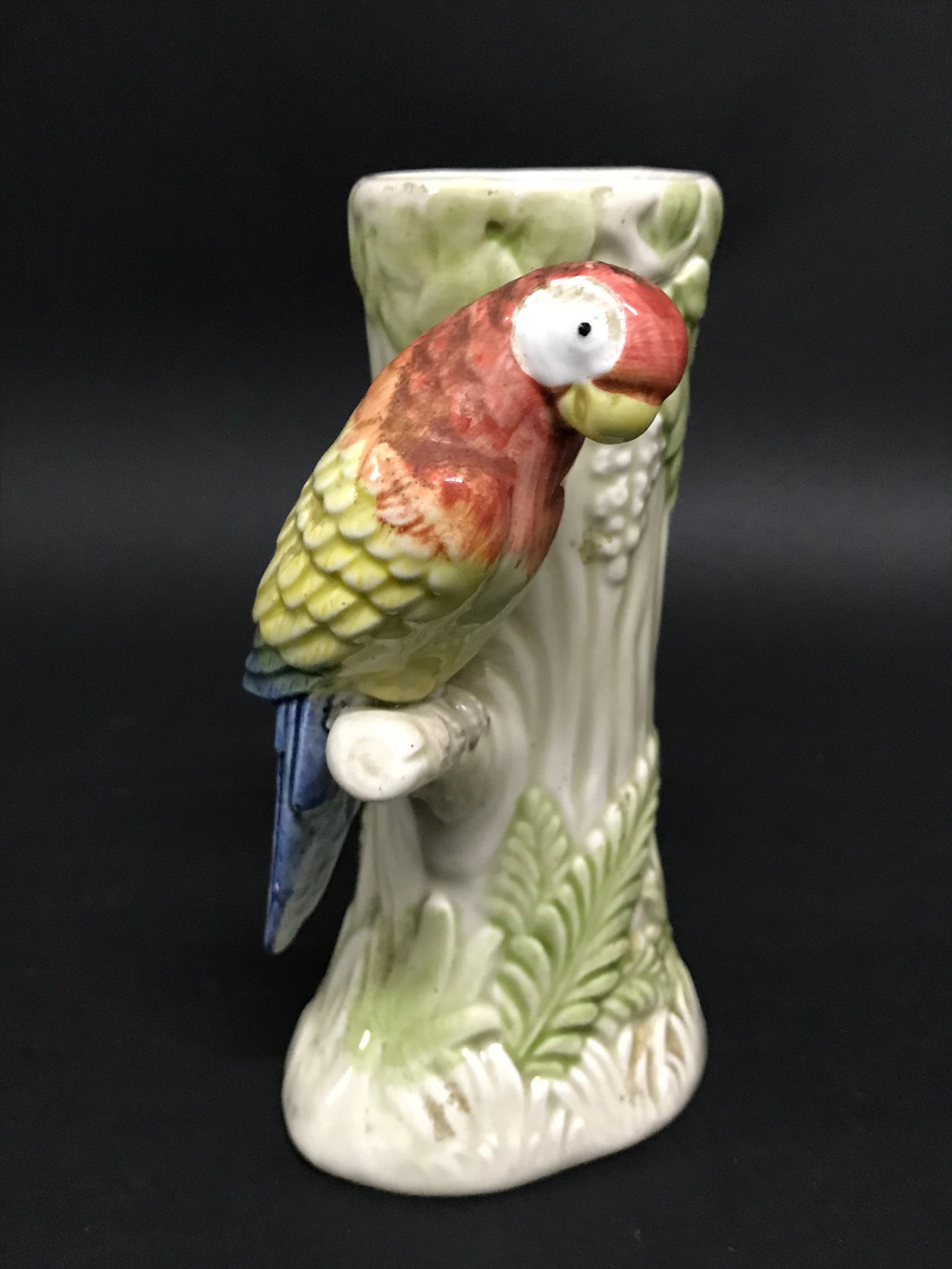 Japanese Porcelain Parrot Bird Flower Vase: Title: Japanese Porcelain Parrot Bird Flower Vase Description: Japanese Porcelain Parrot Bird Flower Vase Date/Period: Late 20th Century Materials: Porcelain Size: 5.5" h x 3.25" w Reserve: $60.00