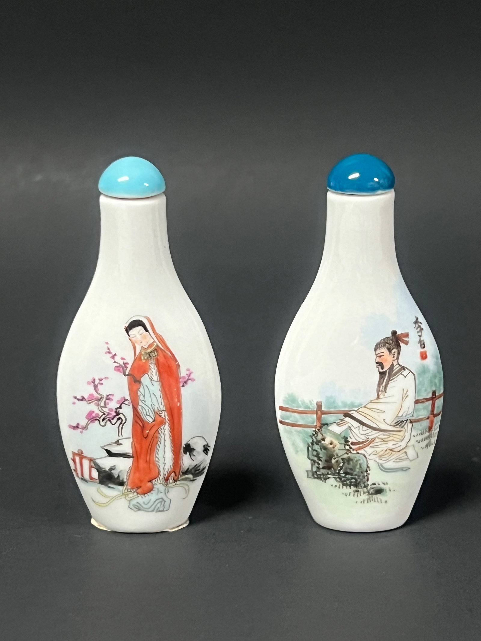 Chinese Porcelain Snuff Bottle Lot of 2: Title: Chinese Porcelain Snuff Bottle Lot of 2 Description: Chinese Art Porcelain Snuff Bottle Date/Period: Late 20th Century Materials: Porcelain Size: 3" h x 2" w Reserve: $30.00 Shipping:
