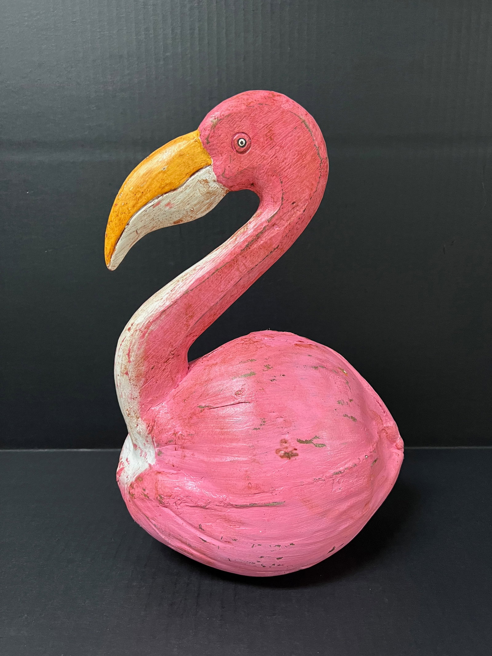 Carved Wood Painted Flamingo Sculpture: Title: Carved Wood Painted Flamingo Sculpture Description: Carved Wood Painted Flamingo Sculpture Date/Period: Late 20th Century Materials: Wood Size: 13" h x 8.5" w Reserve: $80.00 Shipping: