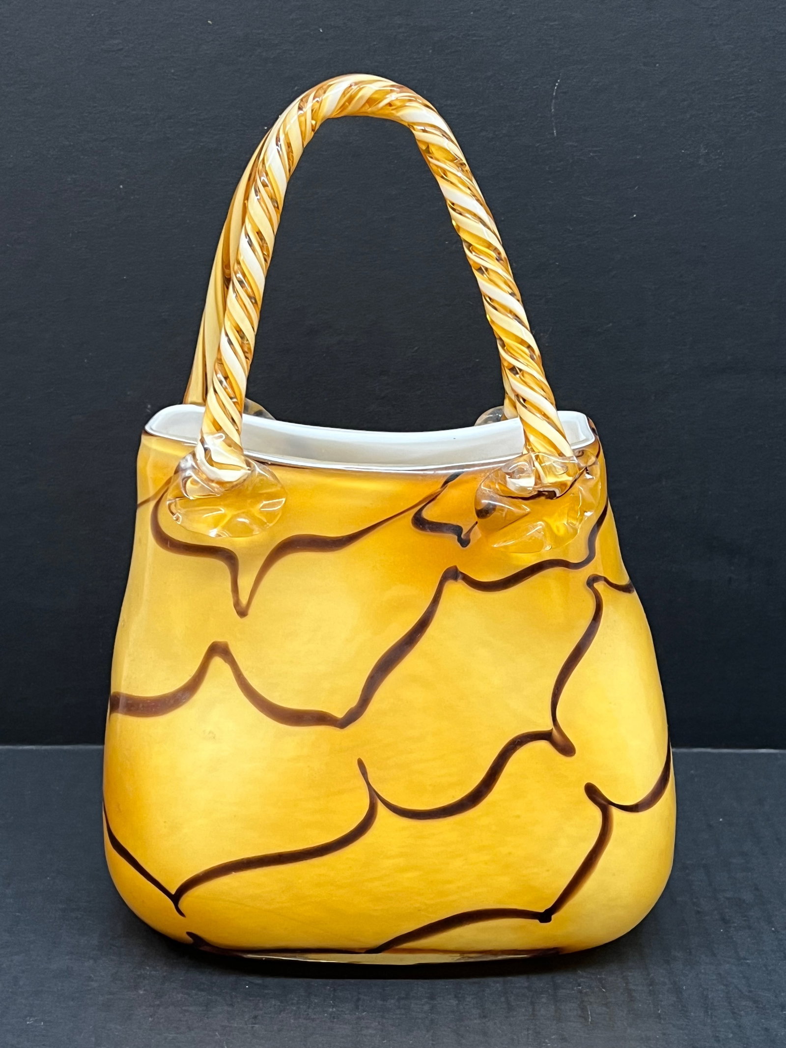 Decorative Hand Blown Art Glass Handbag: Title: Decorative Hand Blown Art Glass Handbag Description: Decorative Hand Blown Art Glass Handbag Date/Period: Late 20th Century Materials: Glass Size: 11.5" h x 8" w Reserve: $100.00 Shipping: