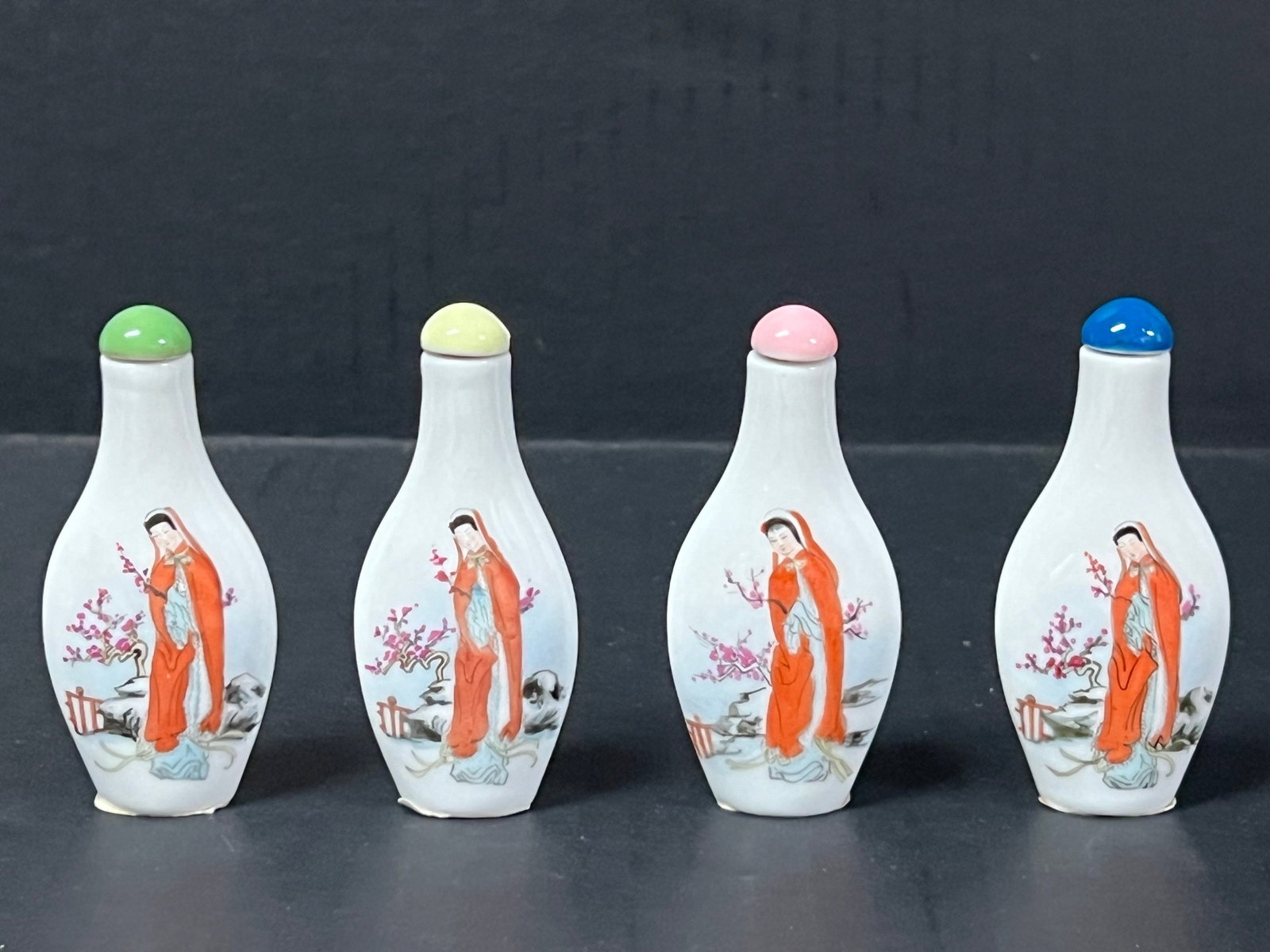 Chinese Art Porcelain Snuff Bottle Lot of 4: Title: Chinese Art Porcelain Snuff Bottle Lot of 4 Description: Chinese Art Porcelain Snuff Bottle Lot of 4 Date/Period: Late 20th Century Materials: Porcelain Size: 3" h x 2" w Reserve: $40.00