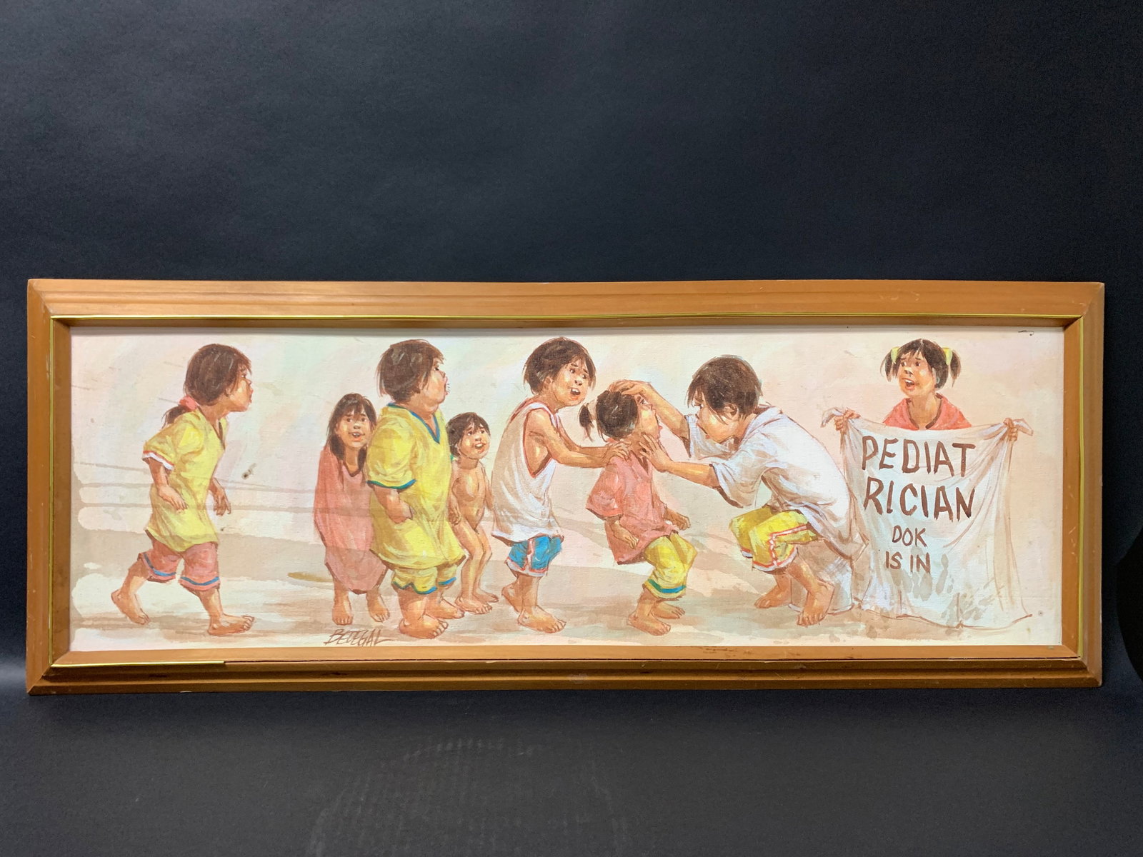 Vintage Oil Painting: Title: Vintage Oil Painting Description: Vintage Oil Painting With Children Date/Period: Late 20th Century Materials: Wood Size: 15" h x 39" w Reserve: $100.00 Shipping: Domestic: Flat-rate of $40.00