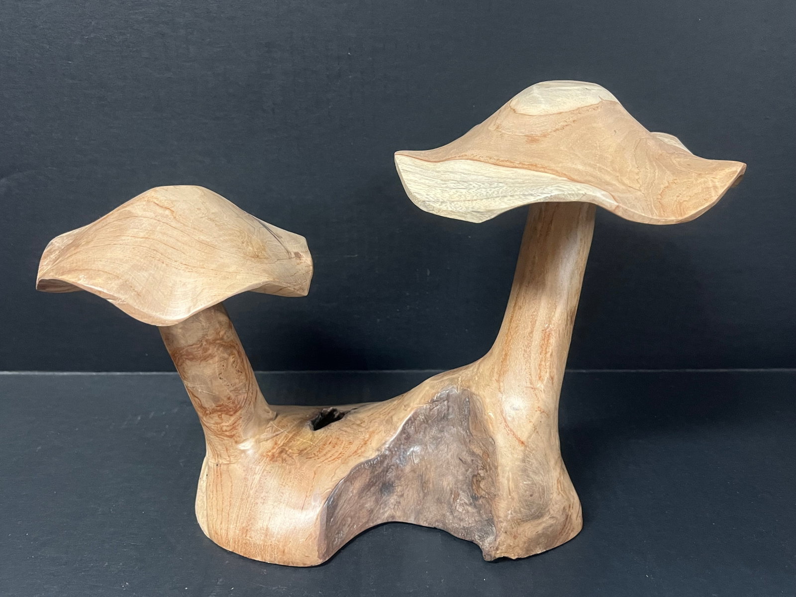 Carved Wood Mushroom Sculpture: Title: Carved Wood Mushroom Sculpture Description: Carved Wood Mushroom Sculpture Date/Period: Late 20th Century Materials: Wood Size: 10" h x 14.5" w Reserve: $100.00 Shipping: Domestic: Flat-rate