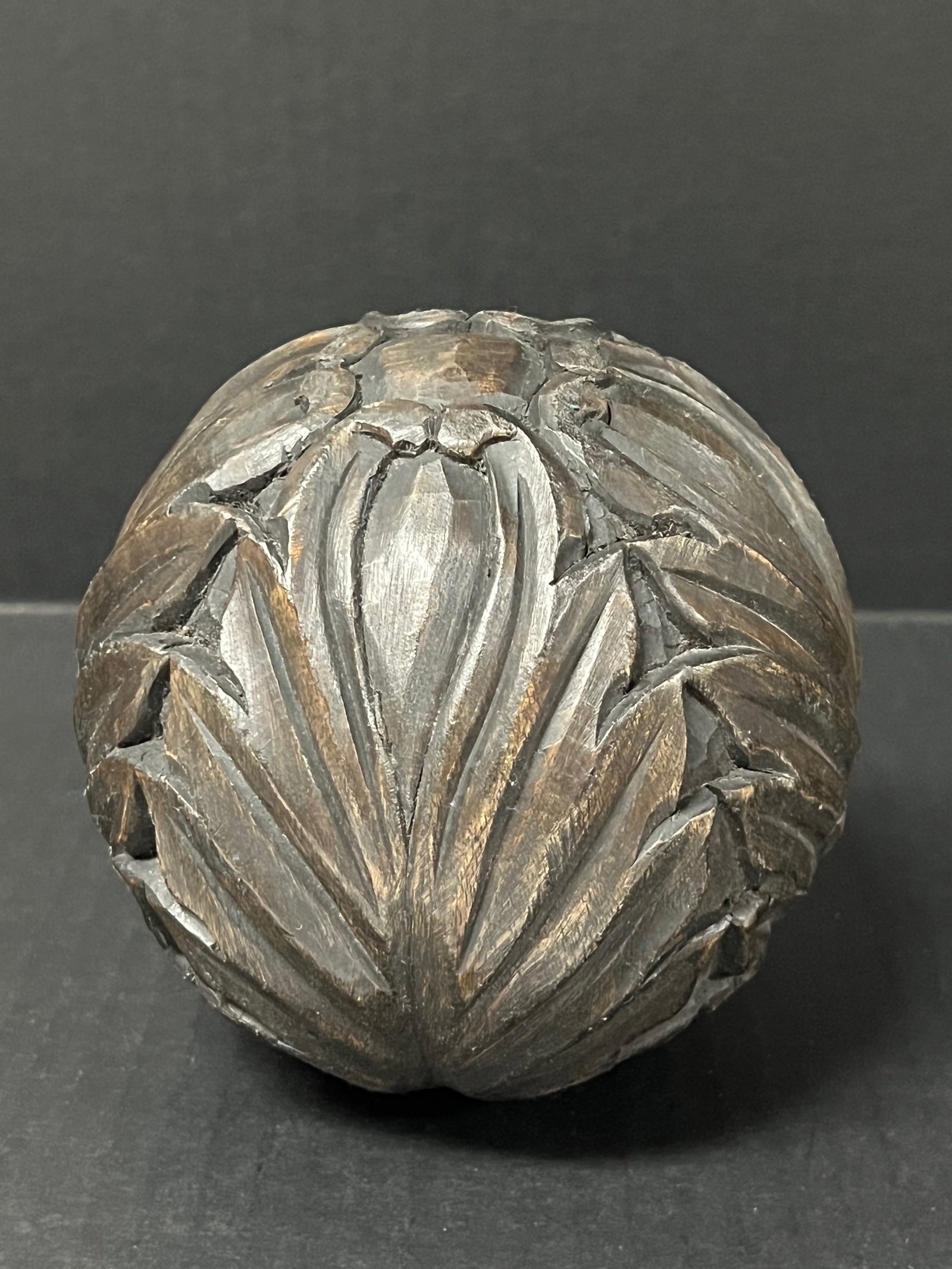 Carved Wood Round Ball Sculpture: Title: Carved Wood Round Ball Sculpture Description: Carved Wood Round Ball Sculpture Date/Period: Late 20th Century Materials: Wood Size: 5" h x 5" w Reserve: $60.00 Shipping: Domestic: Flat-rate of