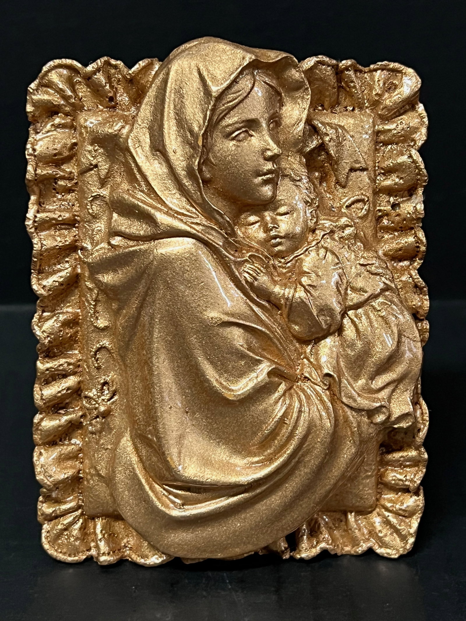 Volcanic Ash Fall Gold Painted Religious Icon: Title: Volcanic Ash Fall Gold Painted Religious Icon Description: Volcanic Ash Fall Religious Icon Date/Period: Late 20th Century Materials: Wood Size: 4.5" h x 4.5" w Reserve: $60.00 Shipping: Domest