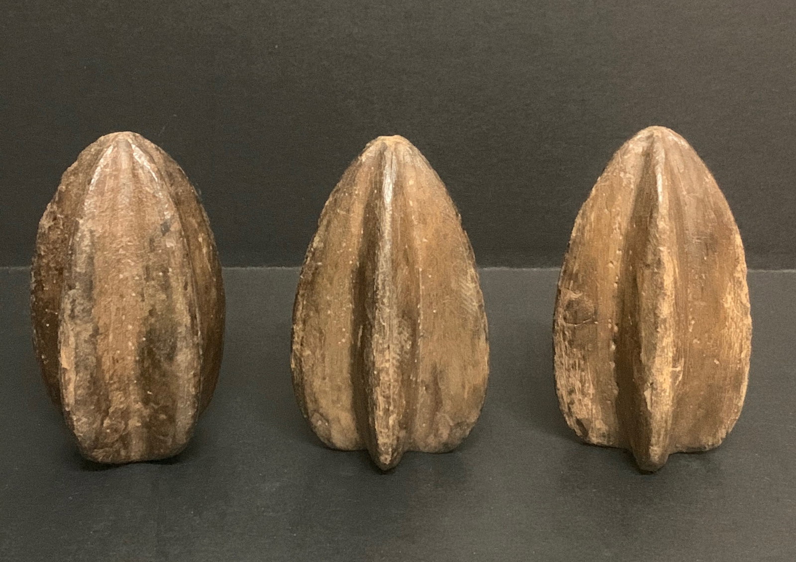 Carved Wood Star Fruits Sculpture Set of 3: Title: Carved Wood Star Fruits Sculpture Set of 3 Description: Carved Wood Star Fruits Sculpture Lot of 3 Date/Period: Late 20th Century Materials: Wood Size: 3" h x 2" w Reserve: $40.00 Shipping: