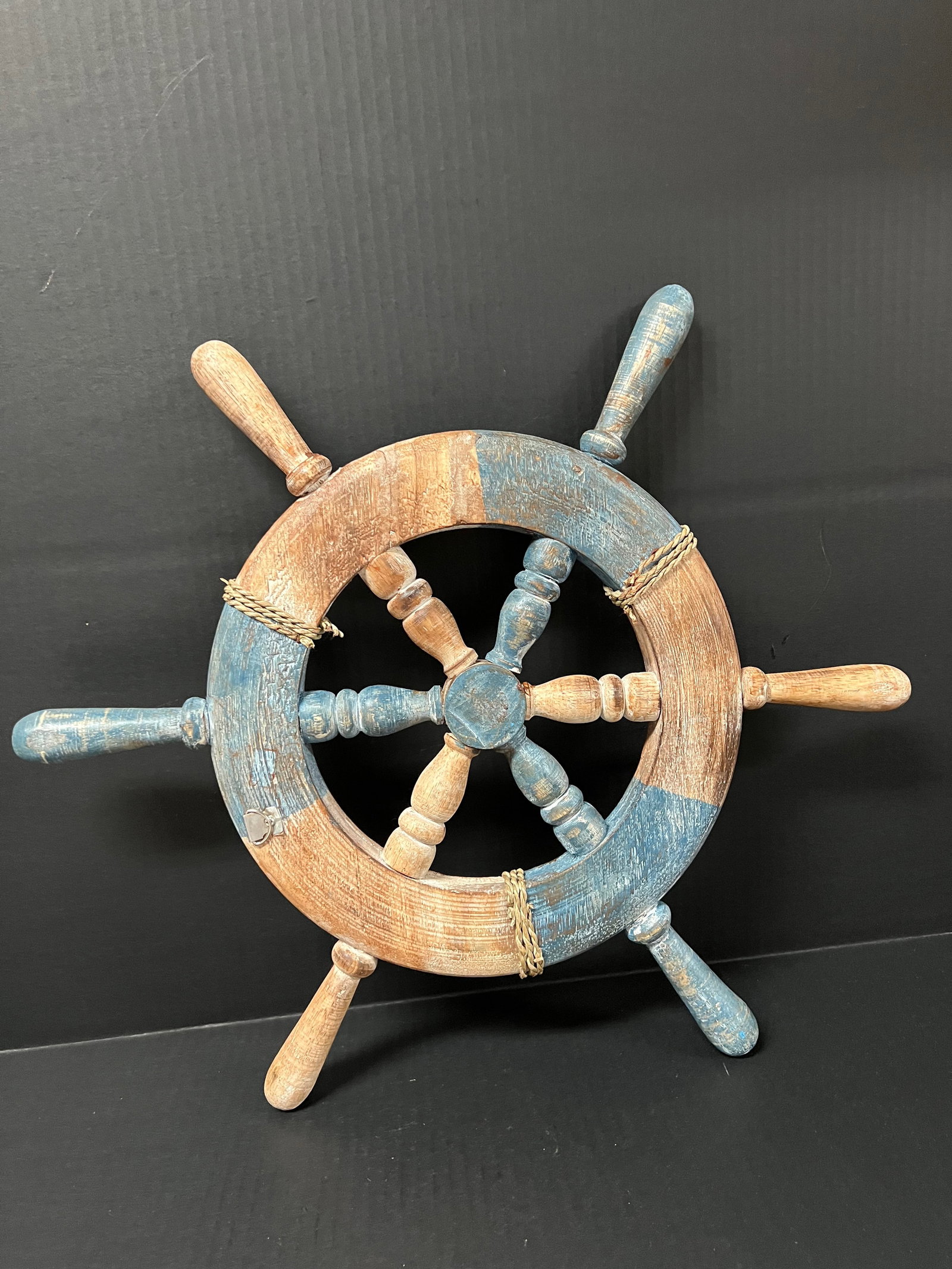 Carved Wood Painted Ship Sterring Wheel Sculpture - 3