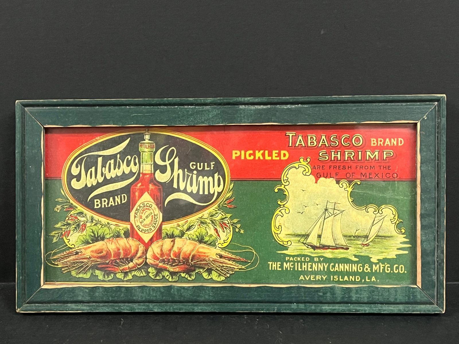 Vintage Framed Tabasco Brand Gulf Shrimp Advertising Sign: Title: Vintage Framed Tabasco Brand Gulf Shrimp Advertising Sign Description: Vintage Framed Tabasco Brand gulf Shrimp Advertising Sign Date/Period: Late 20th Century Materials: Wood Size: 6.25" h x 1
