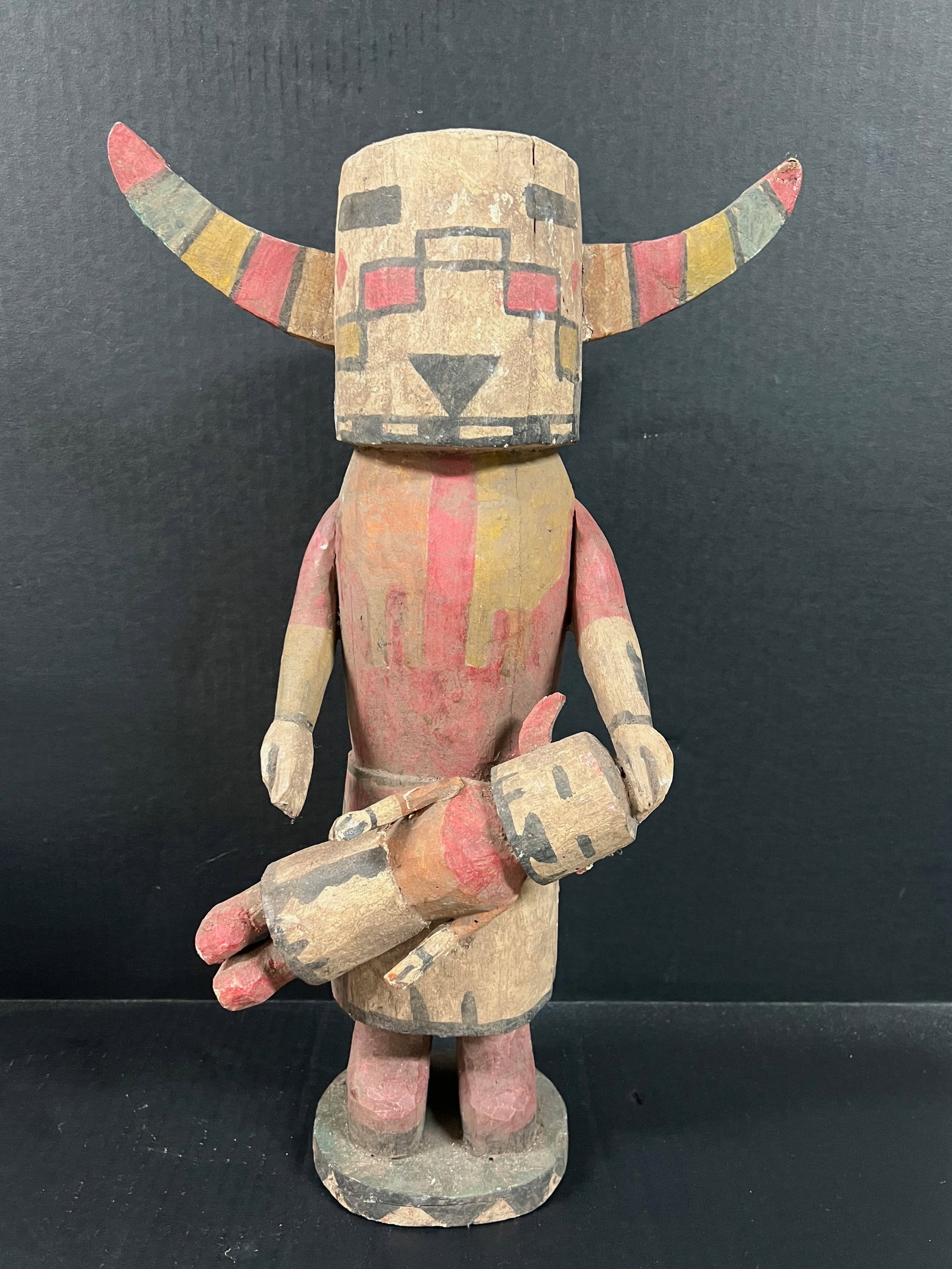 Carved Wood Kachina Doll: Title: Carved Wood Kachina Doll Description: Carved Wood Kachina Doll Date/Period: Late 20th Century Materials: Wood Size: 19.5" h x 12.5" w Reserve: $300.00 Shipping: Domestic: Flat-rate of $60.00