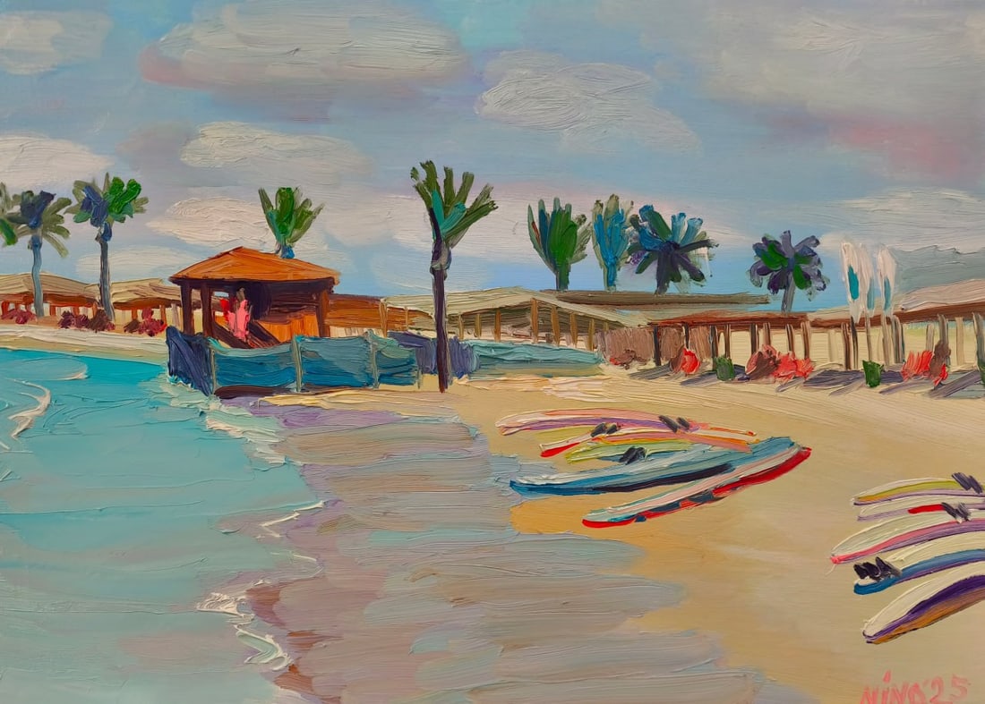 Oil painting Atlit Beach Nina L: Title: Oil painting Atlit Beach Nina L Description: 135Lt Painter: Nina L. S?ze: 50x70 cm/ 19.68x27.55 inches Components: oil, canvas Original painting CONDITION: exellent ERA: 2025 ARTIST: She was bo