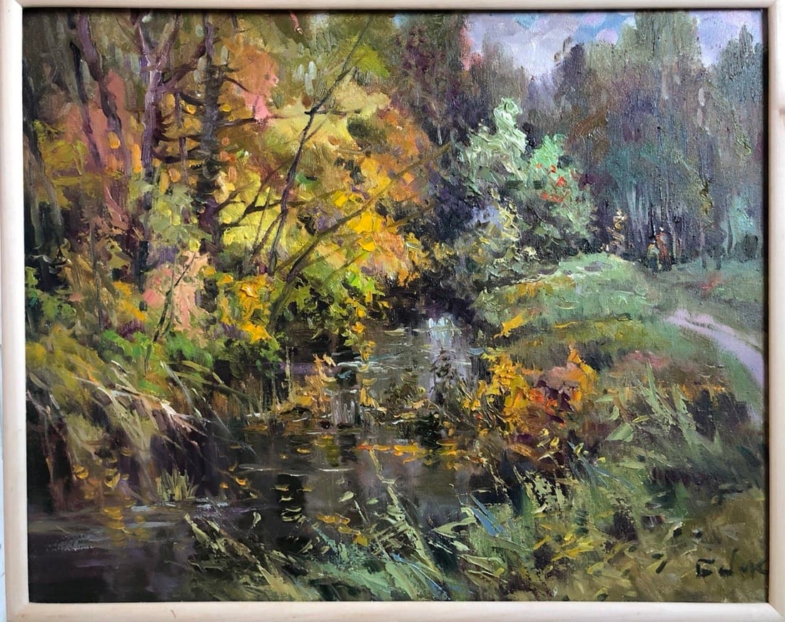 Oil painting Near river Vyacheslav Petrovich Babac: Title: Oil painting Near river Vyacheslav Petrovich Babac Description: 58BA Painter: Vyacheslav Petrovick Babac S?ze: 44x50 cm/17.32x19.9 inches Components: oil, canvas Original painting from our coll