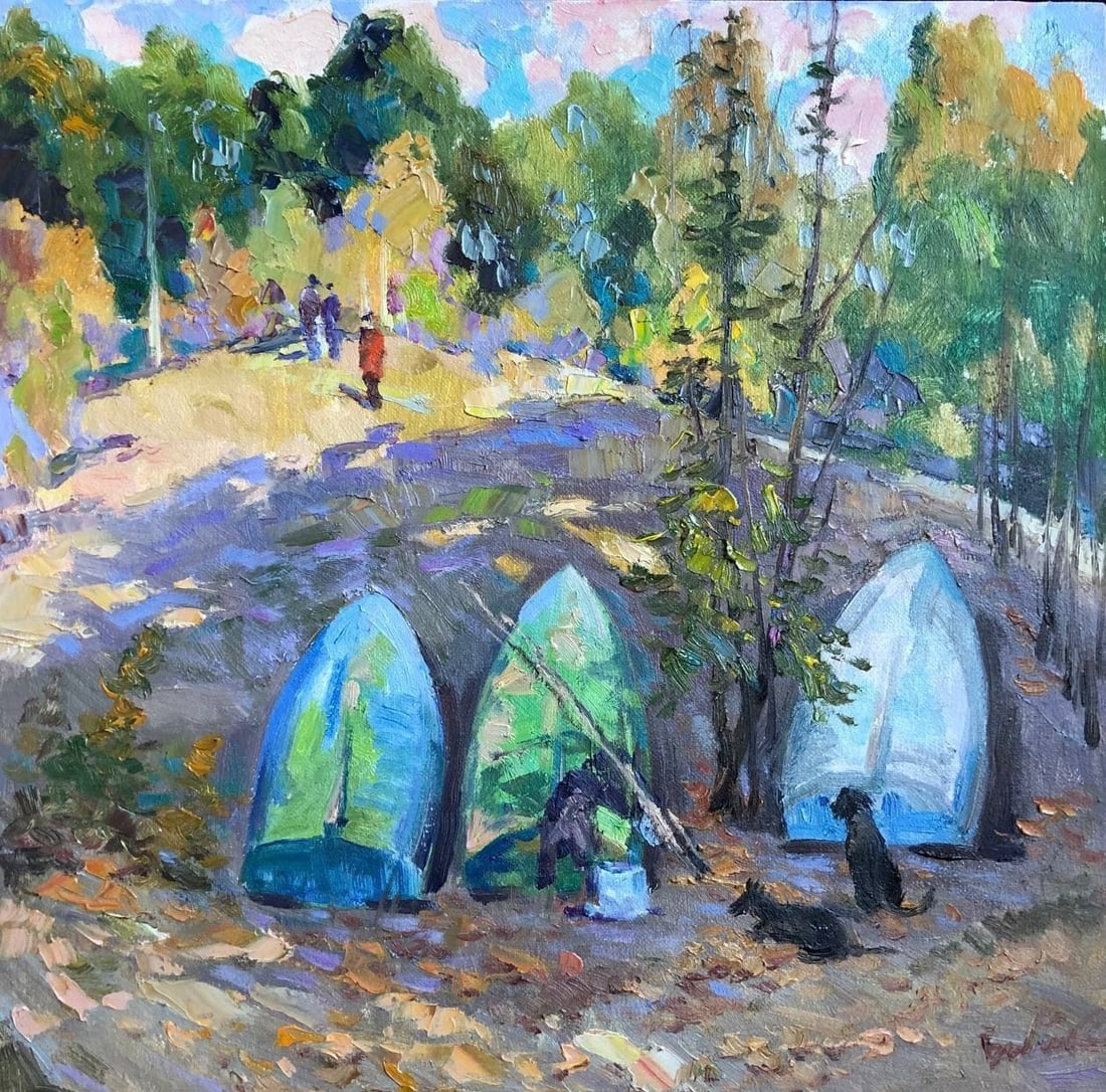Oil painting Fishing meeting Vyacheslav Petrovich Babac: Title: Oil painting Fishing meeting Vyacheslav Petrovich Babac Description: 78BA Painter: Vyacheslav Petrovick Babac S?ze: 40x40 cm/15.7x15.7 inches Components: oil, canvas Original painting from our 