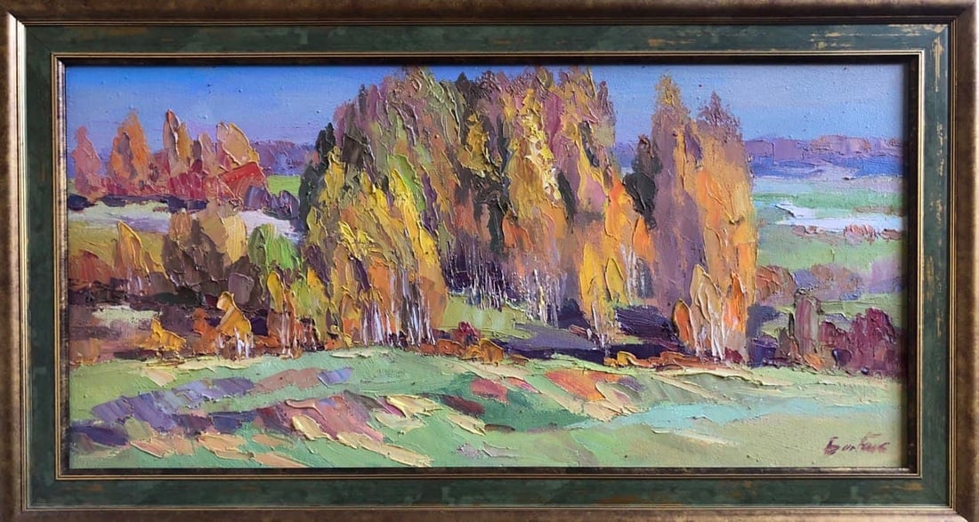 Oil painting Autumn Vyacheslav Petrovich Babac: Title: Oil painting Autumn Vyacheslav Petrovich Babac Description: 89BA Painter: Vyacheslav Petrovick Babac S?ze: 27x55 cm/10.6x21.6 inches Components: oil, canvas Original painting from our collectio