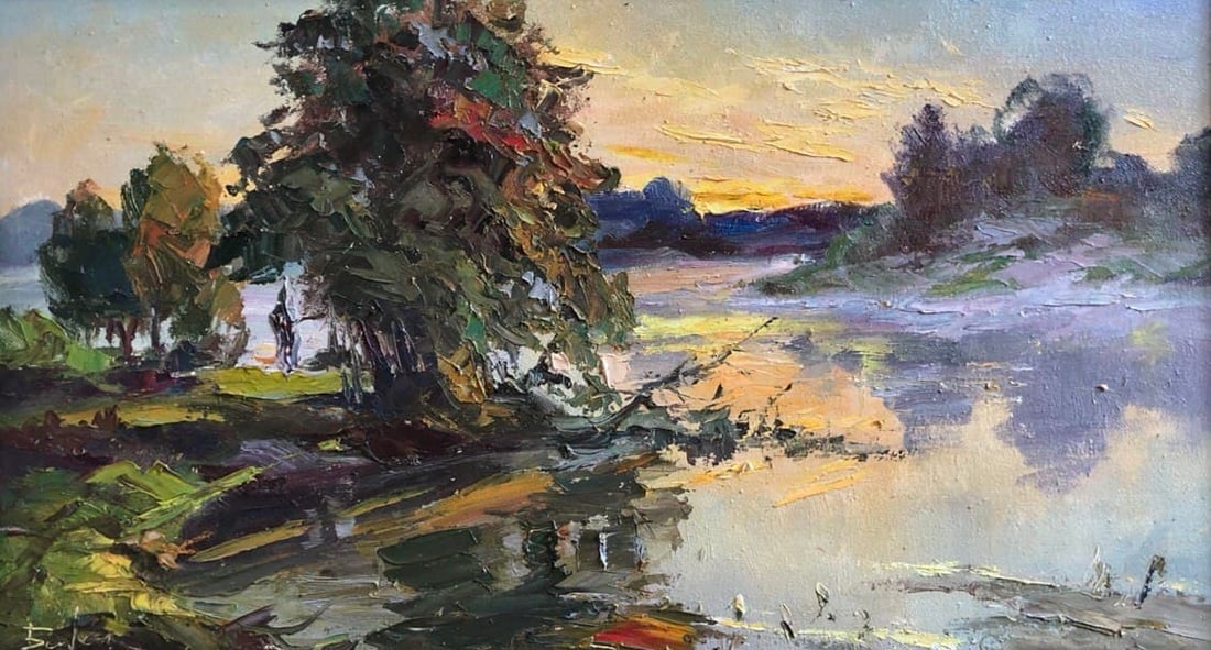 Oil painting Sunrise Vyacheslav Petrovich Babac: Title: Oil painting Sunrise Vyacheslav Petrovich Babac Description: 90BA Painter: Vyacheslav Petrovick Babac S?ze: 33x58 cm/13x22.8 inches Components: oil, canvas Original painting from our collection