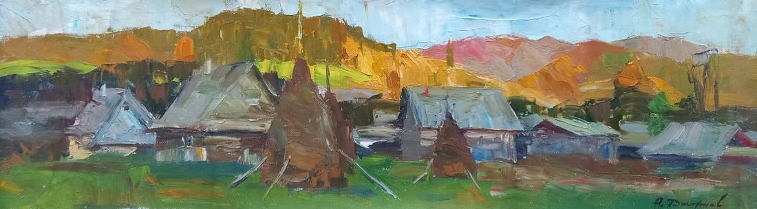 Oil painting Village River at sunset Alex Ditriev (1 of 8)
