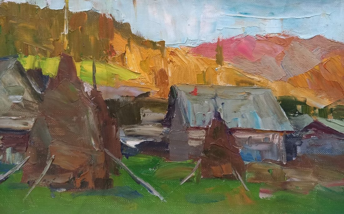 Oil painting Village River at sunset Alex Ditriev - 3