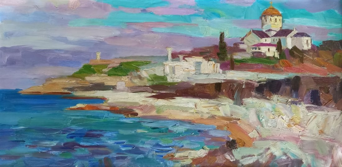 Oil painting Coast of Chersonesus Alex Ditriev: Title: Oil painting Coast of Chersonesus Alex Ditriev Description: 225AD Painter: Alex Ditriev S?ze: 100x50 cm/ 39.4x19.7 inches Components: oil, canvas Original painting from our collection ERA: Shor