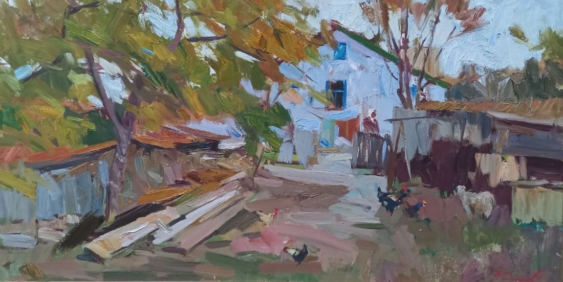 Oil painting Backyard Alex Ditriev: Title: Oil painting Backyard Alex Ditriev Description: 243AD Painter: Alex Ditriev S?ze: 50x95 cm/ 19.7x37.4 inches Components: oil, canvas Original painting from our collection ERA: Short information