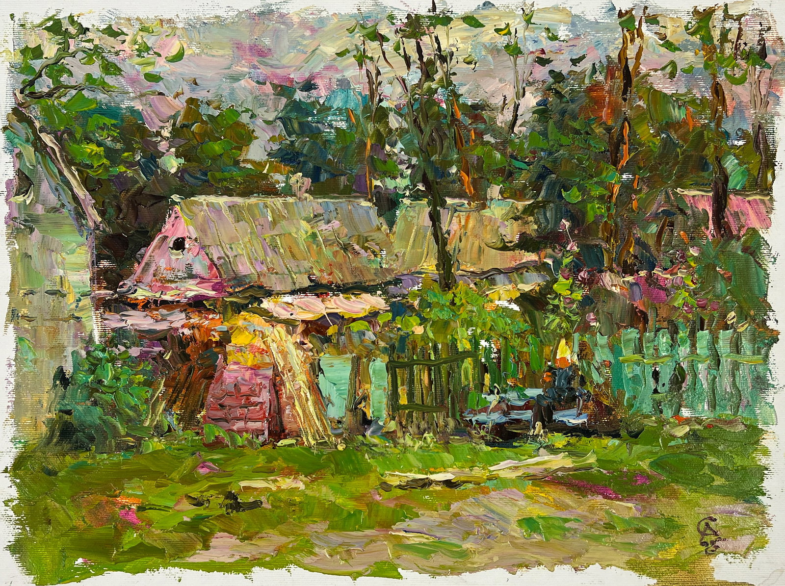 Oil painting The fence Sergey Ivanovich Animov: Title: Oil painting The fence Sergey Ivanovich Animov Description: 402DDD Painter: Sergey Ivanovich Animov S?ze: 27x38 cm/ 10.62x14.96 inches Components: canvas, oil Original painting from our collect