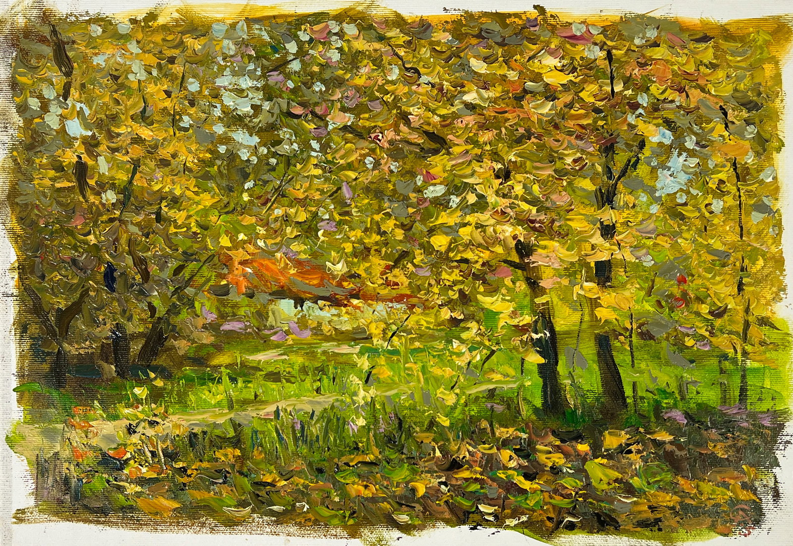 Oil painting autumn Sergey Ivanovich Animov: Title: Oil painting autumn Sergey Ivanovich Animov Description: 405DDD Painter: Sergey Ivanovich Animov S?ze: 26x39 cm/ 10.23x15.35 inches Components: canvas, oil Original painting from our collection