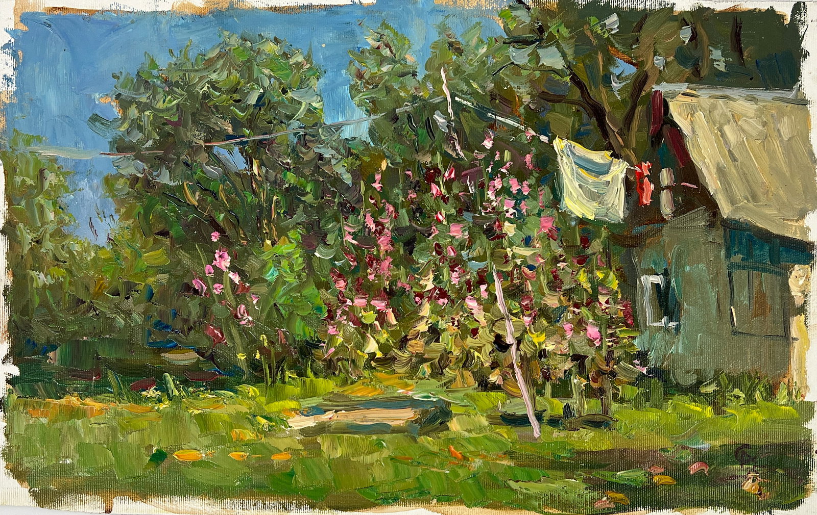 Oil painting back yard Sergey Ivanovich Animov: Title: Oil painting back yard Sergey Ivanovich Animov Description: 416DDD Painter: Sergey Ivanovich Animov S?ze: 26x43.4 cm/ 10.23x17.08 inches Components: canvas, oil Original painting from our colle