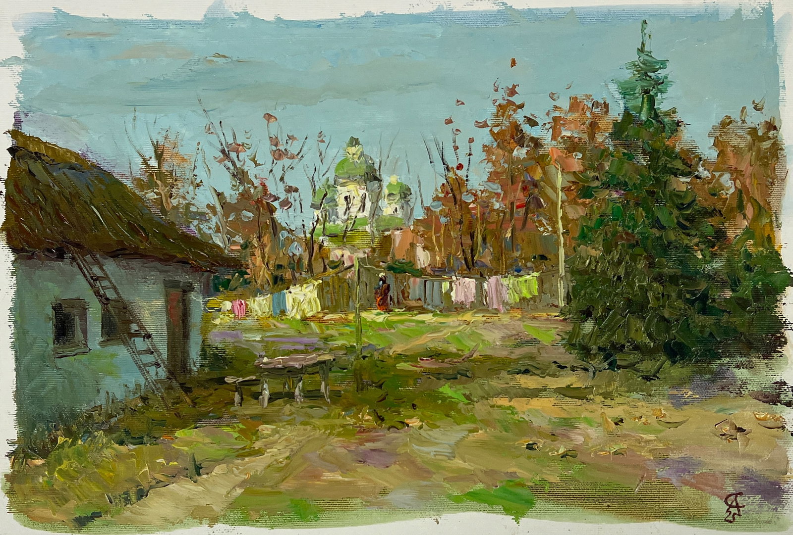 Oil painting courtyard Sergey Ivanovich Animov: Title: Oil painting courtyard Sergey Ivanovich Animov Description: 418DDD Painter: Sergey Ivanovich Animov S?ze: 25x39 cm/ 9.84x15.35 inches Components: canvas, oil Original painting from our collecti