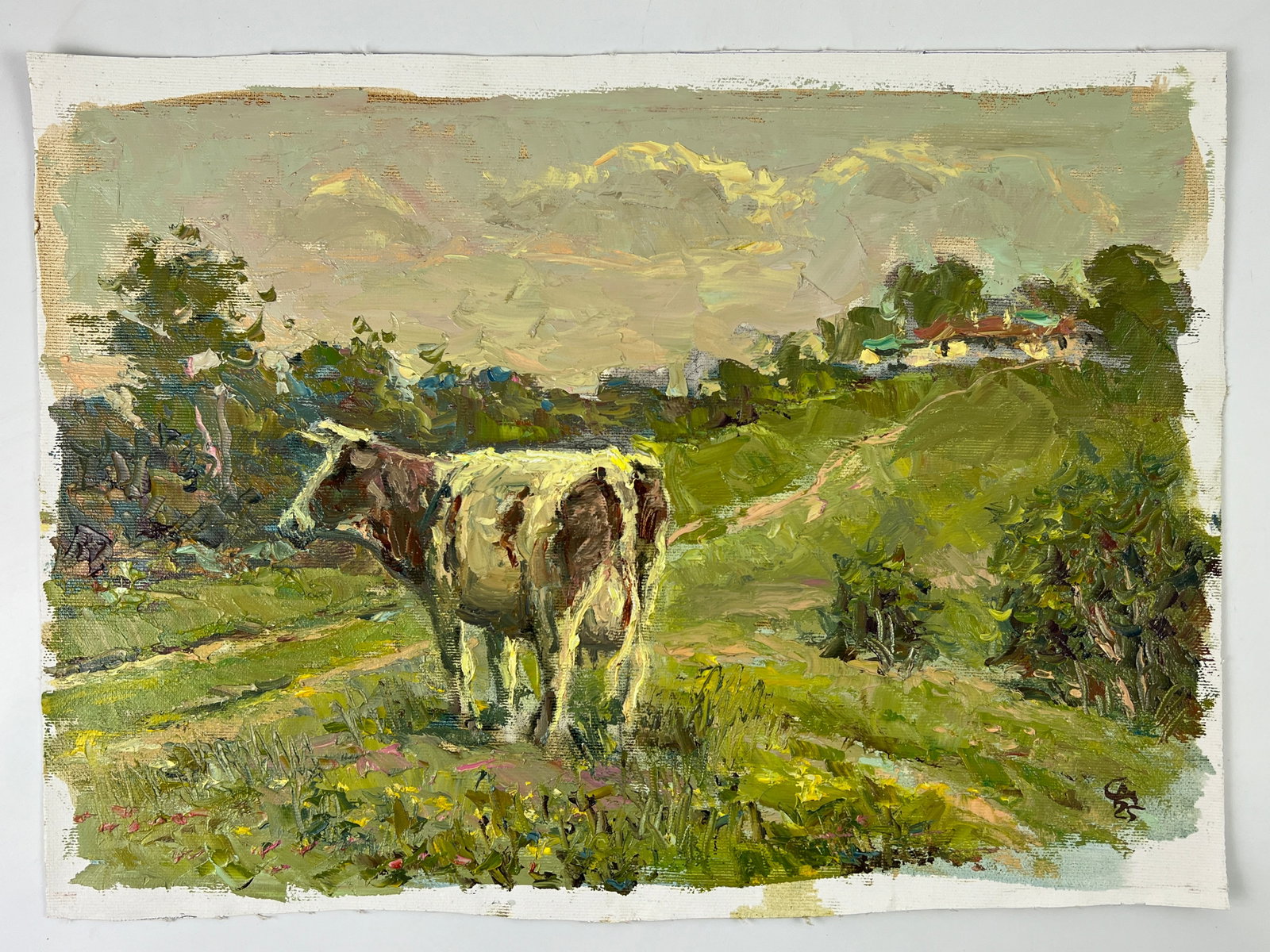 Oil painting Cow on the field Sergey Ivanovich Animov: Title: Oil painting Cow on the field Sergey Ivanovich Animov Description: 431DDD Painter: Sergey Ivanovich Animov S?ze: 27x39 cm/ 10.62x15.35 inches Components: canvas, oil Original painting from our 