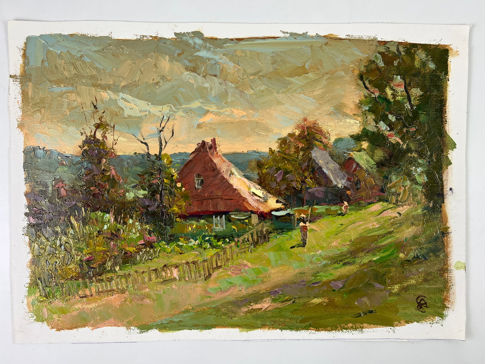 Oil painting House on the hill Sergey Ivanovich Animov: Title: Oil painting House on the hill Sergey Ivanovich Animov Description: 435DDD Painter: Sergey Ivanovich Animov S?ze: 26x39 cm/ 10.23x15.35 inches Components: canvas, oil Original painting from our