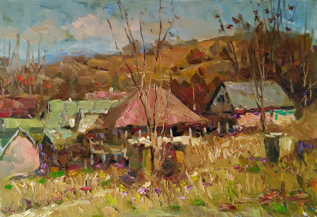 Oil painting Village houses Sergey Ivanovich Animov: Title: Oil painting Village houses Sergey Ivanovich Animov Description: 442DDD Painter: Sergey Ivanovich Animov S?ze: 26x38 cm/ 10.23x14.96 inches Components: canvas, oil Original painting from our