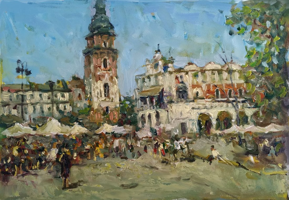 Oil painting City center Sergey Ivanovich Animov: Title: Oil painting City center Sergey Ivanovich Animov Description: 443DDD Painter: Sergey Ivanovich Animov S?ze: 26x38 cm/ 10.23x14.96 inches Components: canvas, oil Original painting from our