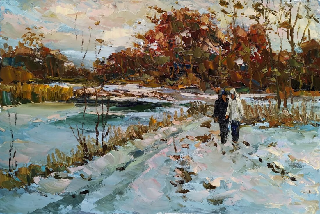 Oil painting Winter walk Sergey Ivanovich Animov: Title: Oil painting Winter walk Sergey Ivanovich Animov Description: 450DDD Painter: Sergey Ivanovich Animov S?ze: 26x38 cm/ 10.23x14.96 inches Components: canvas, oil Original painting from our
