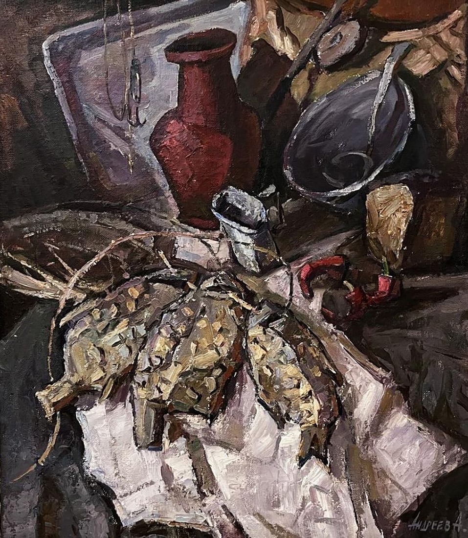 Oil painting Still life with dried fish Oleksandr Andreev: Title: Oil painting Still life with dried fish Oleksandr Andreev Description: No.Galler 188*** ABOUT THIS PAINTING **** TITLE: "Still life with dried fish"* ARTISTS: Oleksandr Andreev* SIZE: 80x70 cm/