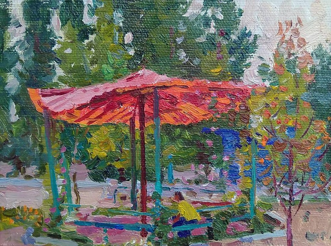 Oil painting Gazebo Yury Konovalov: Title: Oil painting Gazebo Yury Konovalov Description: No.Galler 242*** ABOUT THIS PAINTING **** TITLE: "Gazebo"* ARTISTS: Yury Konovalov* SIZE: 15x20 cm/5.90x7.87 inches'* MEDIUM: oil, cardboard* HAN